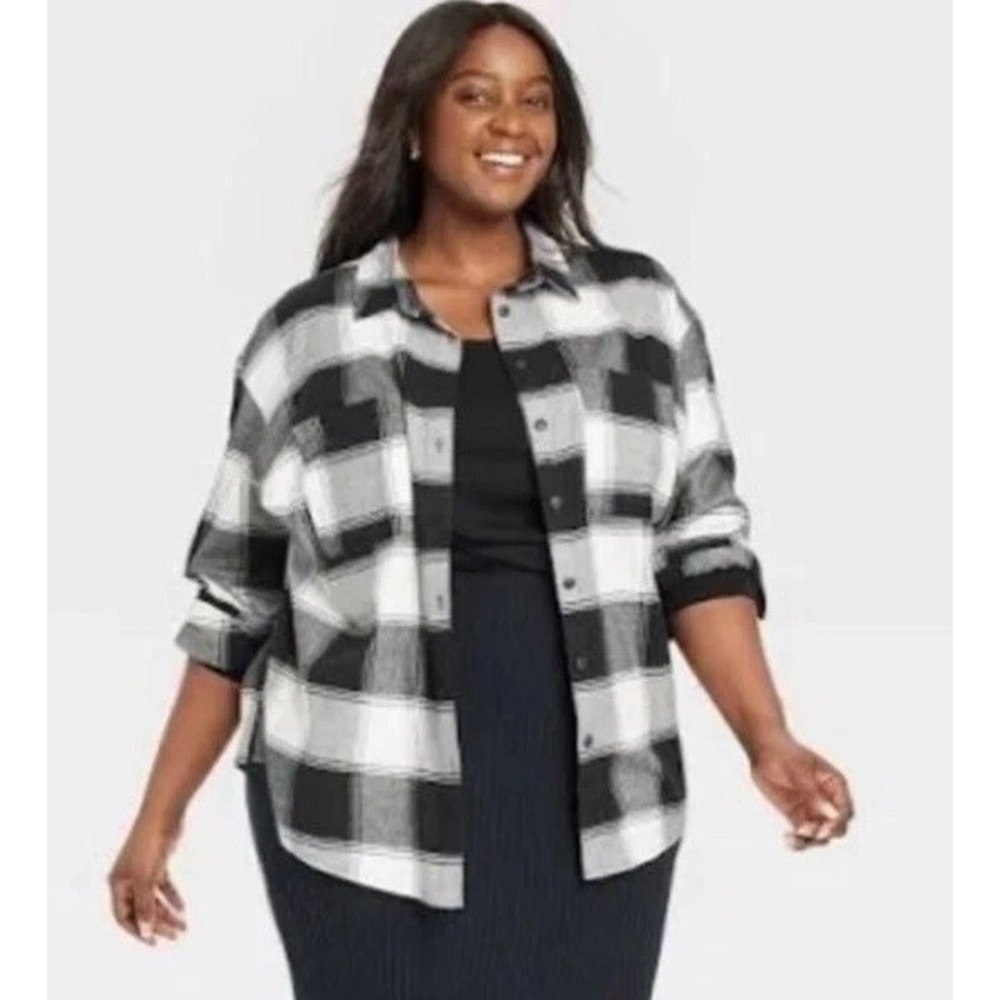 Ava & Viv Black Plaid Flannel Button Down Shirt Womens Plus 2X Cotton Rayon New